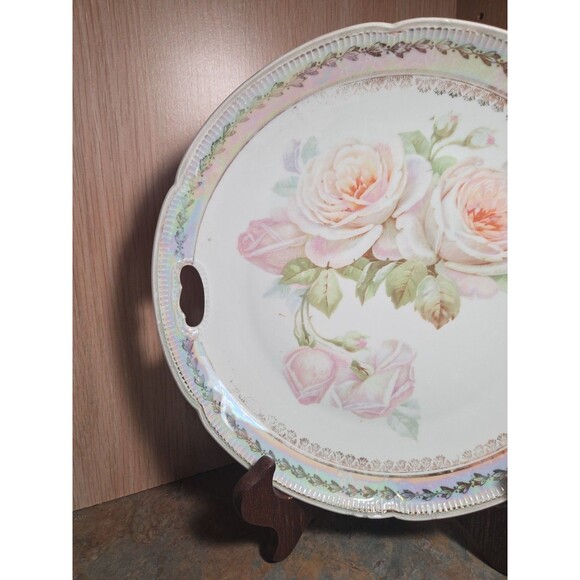Antique Cabbage Rose on Green Luster Molded Double Handle German Porcelain Plate - Picture 7 of 11